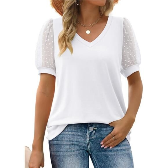Womens Summer Tops V Neck T Shirts Swiss Dot Puff Sleeve Tops Loose - Picture 1 of 5